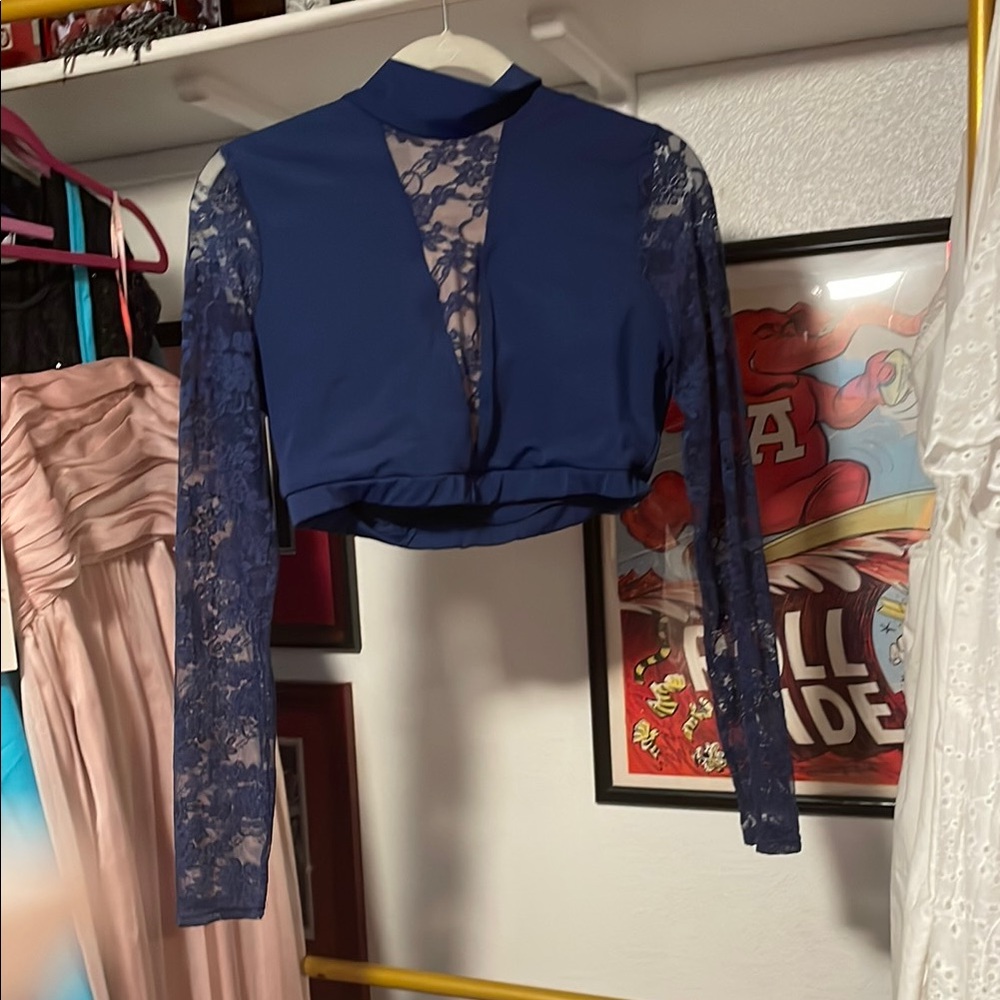 Elegant Blue Lace Sleeve Women's Top